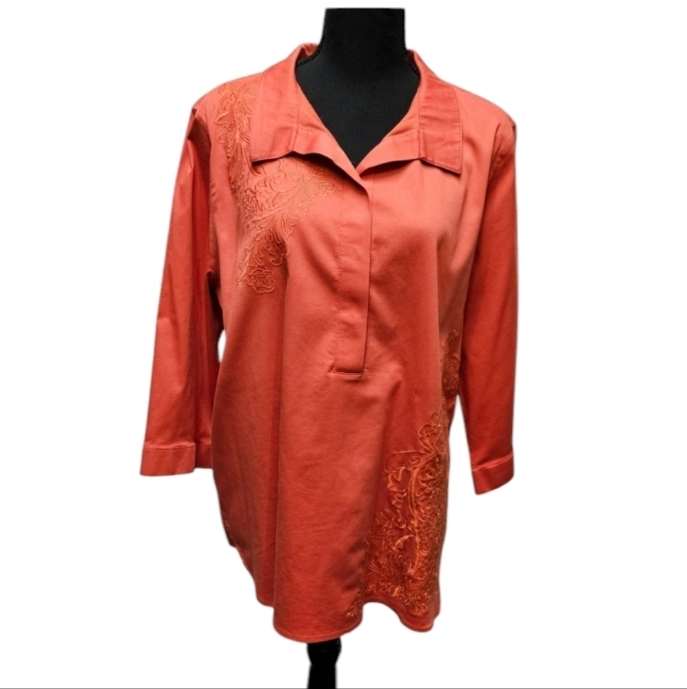 Chico's Burnt Orange Embroidered Floral Back Button Up Top Sz U.S. 15 or 3 Chico